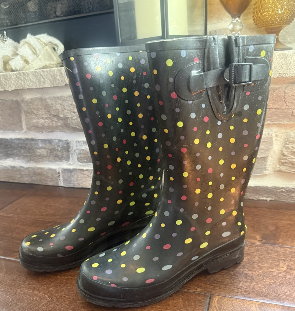Western Chief Rain Boots Black Womens Mid-Calf Multicolor Polka Dot Urban- US 7